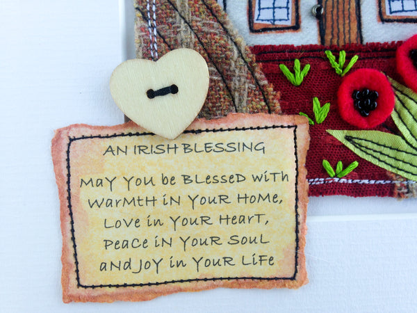 Karen Pleass Textile Art - Irish Cottage Textile Art with Irish Blessing Mount