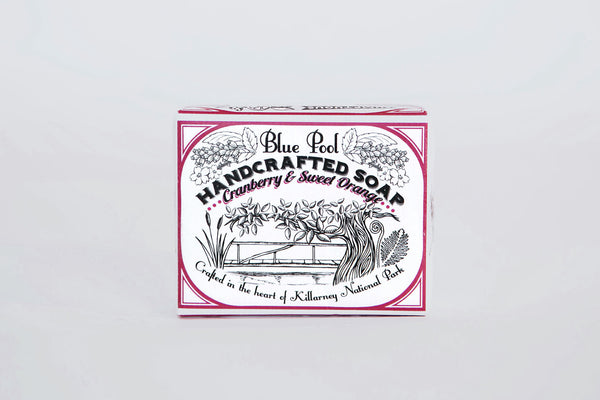Irish handmade Cranberry & Sweet Orange soap with line drawing of a stream