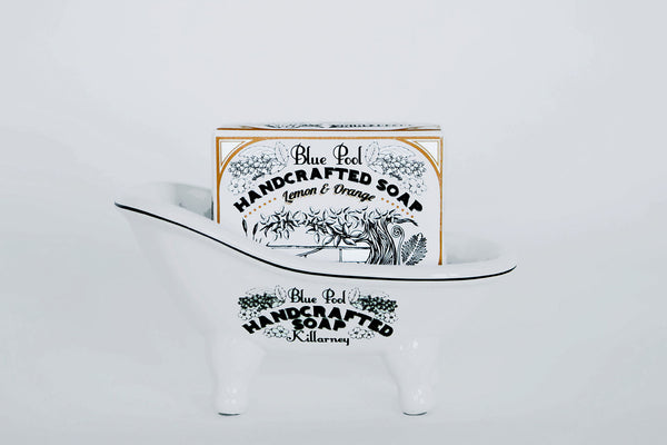 Irish handmade Lemon &  Orange soap with line drawing of a stream in a miniature bath