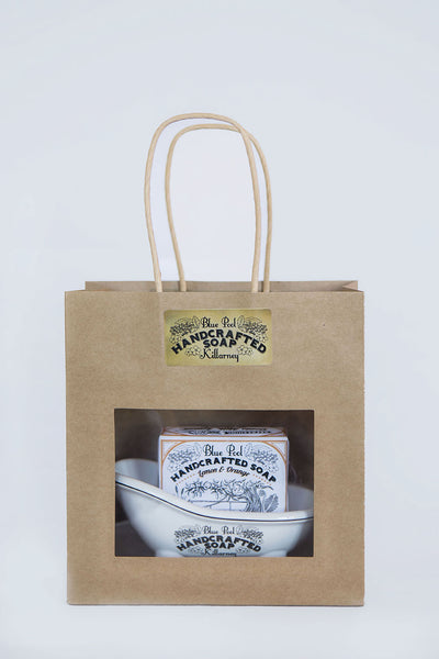 Unique Irish Lemon &  Orange soap with line drawing of a stream on a miniature bath in a paper bag