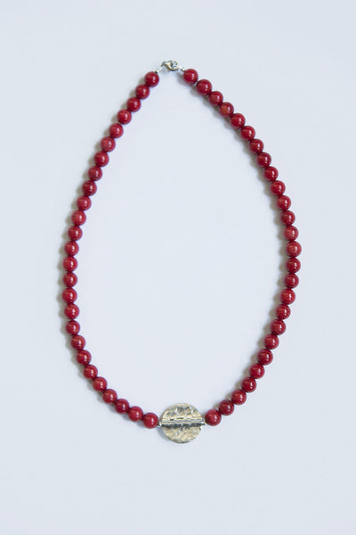 Irish handmade necklane with red coral beads and silver medallion