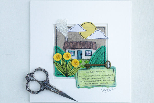 Karen Pleass Textile Art - Irish Cottage Textile Art with Irish Blessing Mount