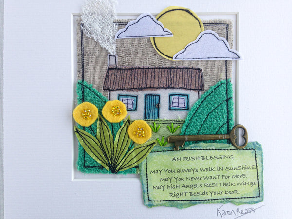 Karen Pleass Textile Art - Irish Cottage Textile Art with Irish Blessing Mount