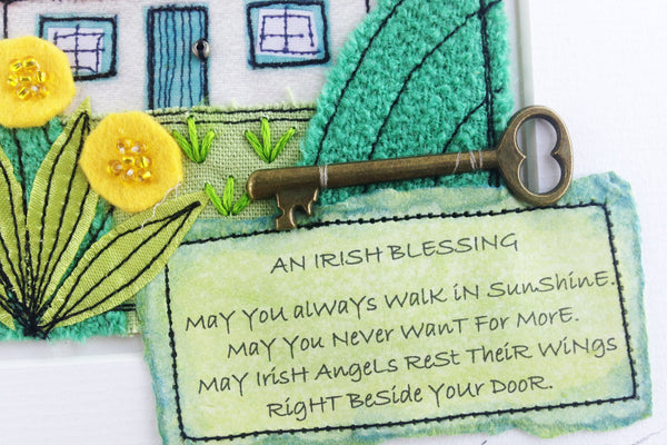 Karen Pleass Textile Art - Irish Cottage Textile Art with Irish Blessing Mount