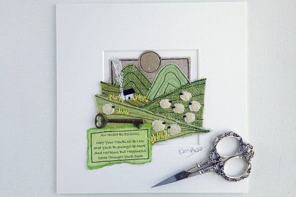 Karen Pleass Textile Art: Irish Landscape Textile Art with Irish Blessing Mount
