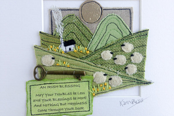 Karen Pleass Textile Art: Irish Landscape Textile Art with Irish Blessing Mount