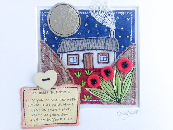 Karen Pleass Textile Art - Irish Cottage Textile Art with Irish Blessing Mount