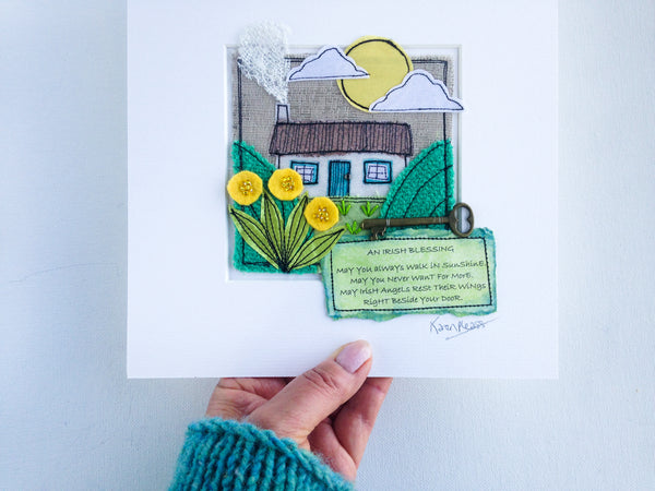 Karen Pleass Textile Art - Irish Cottage Textile Art with Irish Blessing Mount