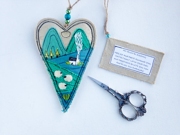 Karen Pleass Textile Art: Irish Blessing Ornament - Blue