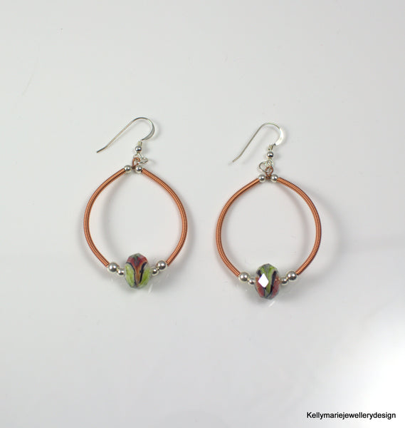 Kelly Marie Jewellery Design - Wrapped Copper Hoop Earrings with Green Lampwork Glass Bead