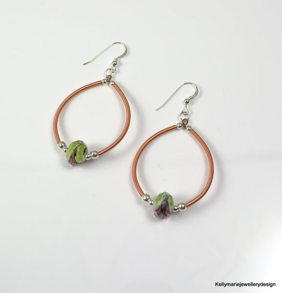 Kelly Marie Jewellery Design - Wrapped Copper Hoop Earrings with Green Lampwork Glass Bead