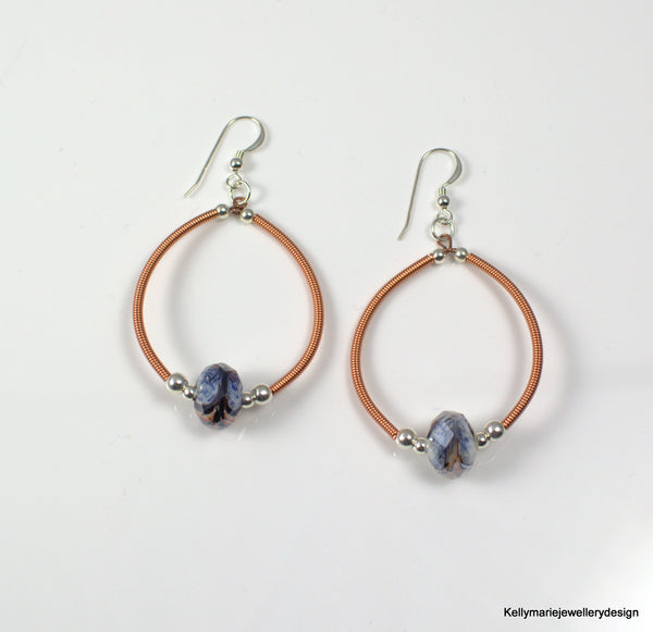 Kelly Marie Jewellery Design - Wrapped Copper Hoop Earrings with Blue Lampwork Glass Bead