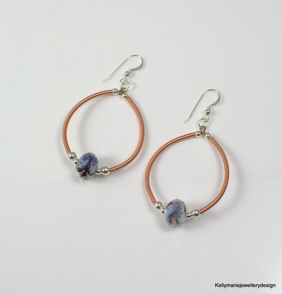 Kelly Marie Jewellery Design - Wrapped Copper Hoop Earrings with Blue Lampwork Glass Bead