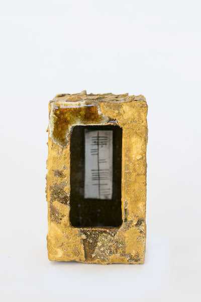 Irish crafted Ceramic nightlight holder in shades of gold and brown with ogham blessing inside written in black on white background