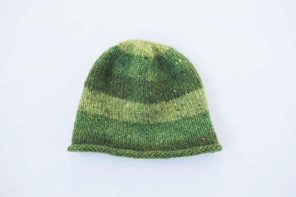 Traditional Irish Tweed hand-knit hat in three shades of green
