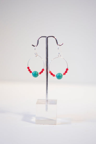 Alison Walsh Jewellery - Red coral and turquoise bead /silver plated hoop earrings