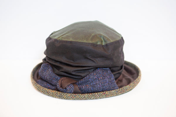Kathleen Mc Auliffe Milliner - Jess Rainhat with Tweed Trim - Green with Blue Bow